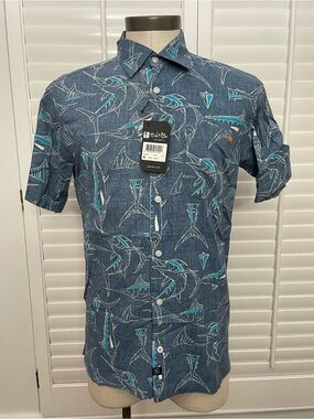 Salt Life Men's Navy Blue Marlin-Print Short Sleeve Button-Up